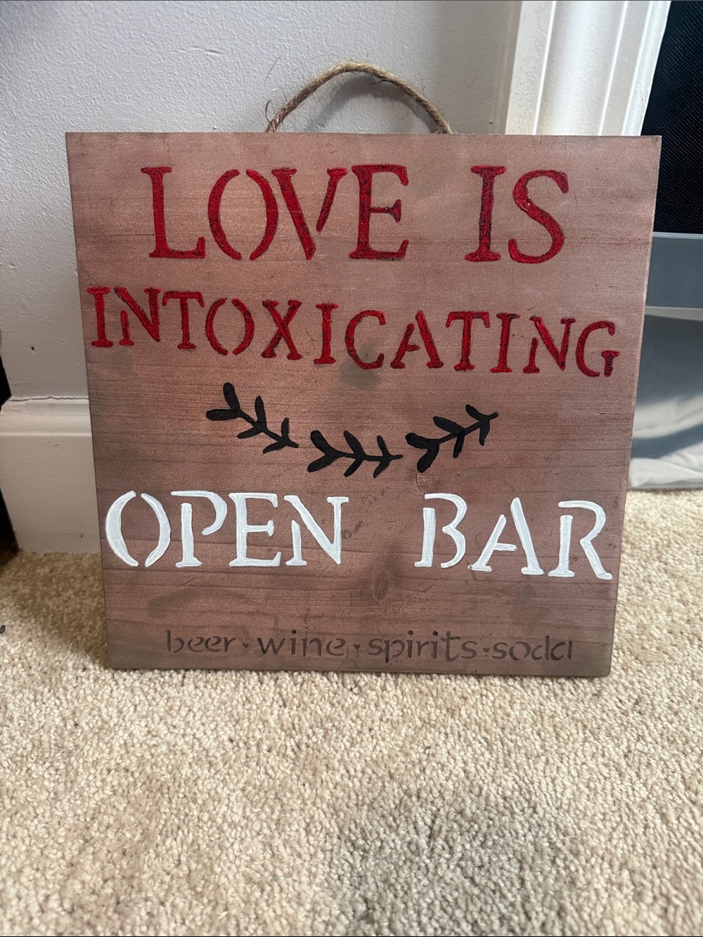 Rustic 'Love Is Intoxicating Open Bar' Wooden Wall Sign - Red, White, Black